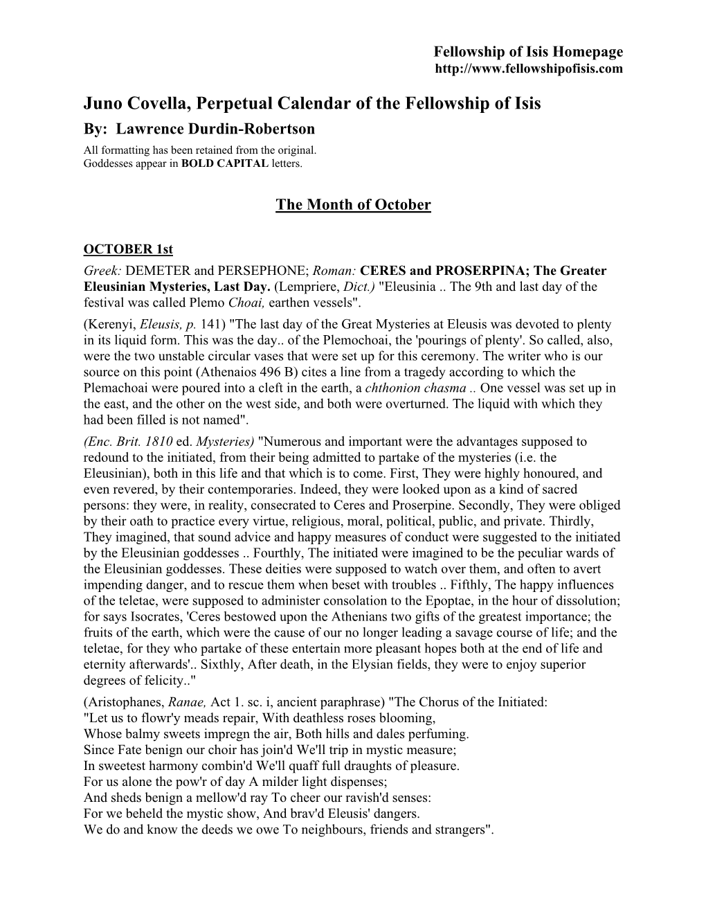 Juno Covella, Perpetual Calendar of the Fellowship of Isis By: Lawrence Durdin-Robertson All Formatting Has Been Retained from the Original