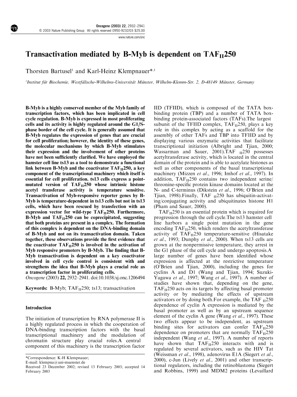 Transactivation Mediated by B-Myb Is Dependent on TAFII250