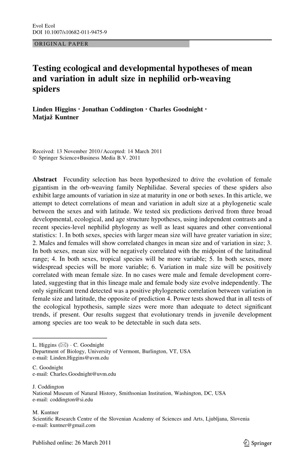 Testing Ecological and Developmental Hypotheses of Mean and Variation in Adult Size in Nephilid Orb-Weaving Spiders