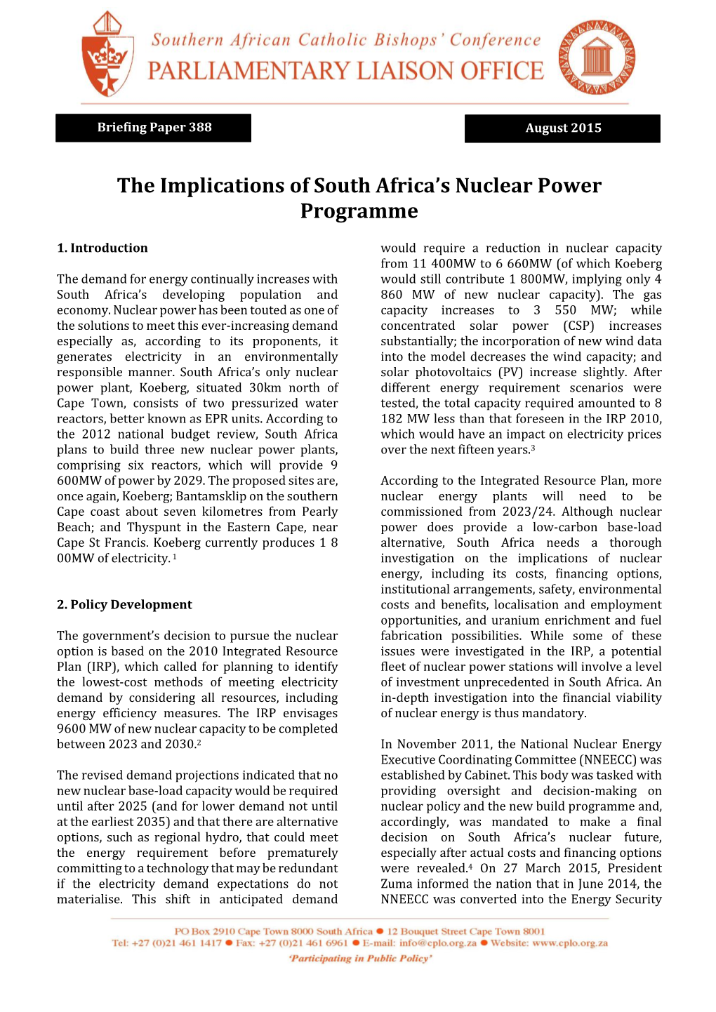 The Implications of South Africa's Nuclear Power Programme