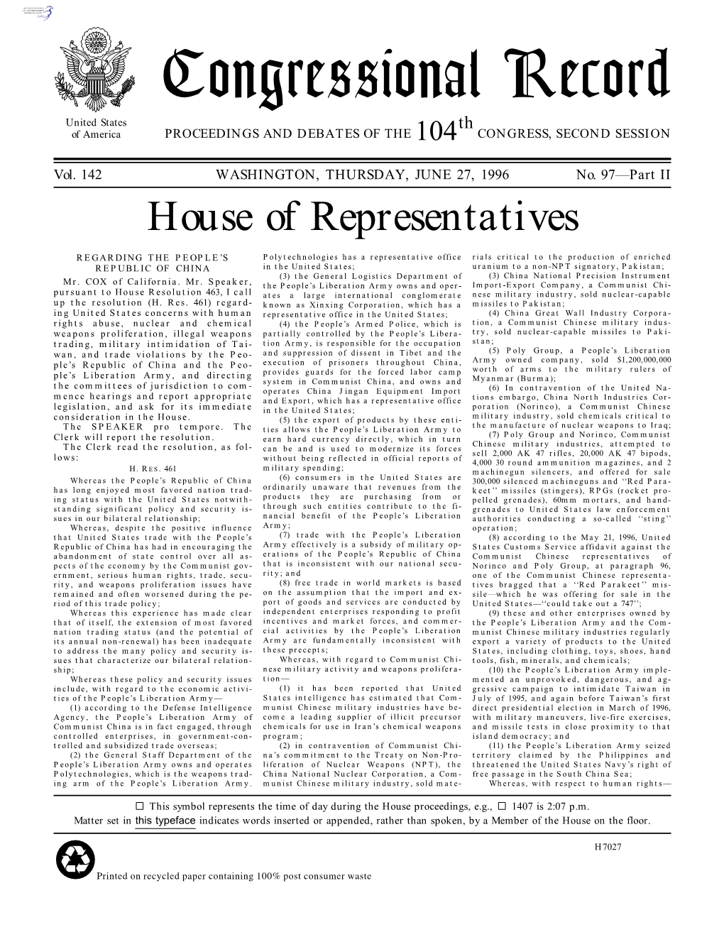 Congressional Record United States Th of America PROCEEDINGS and DEBATES of the 104 CONGRESS, SECOND SESSION