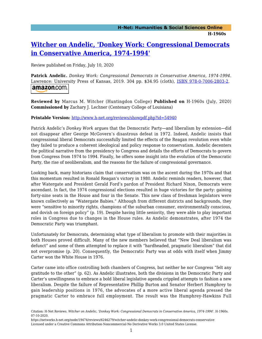 Donkey Work: Congressional Democrats in Conservative America, 1974-1994'