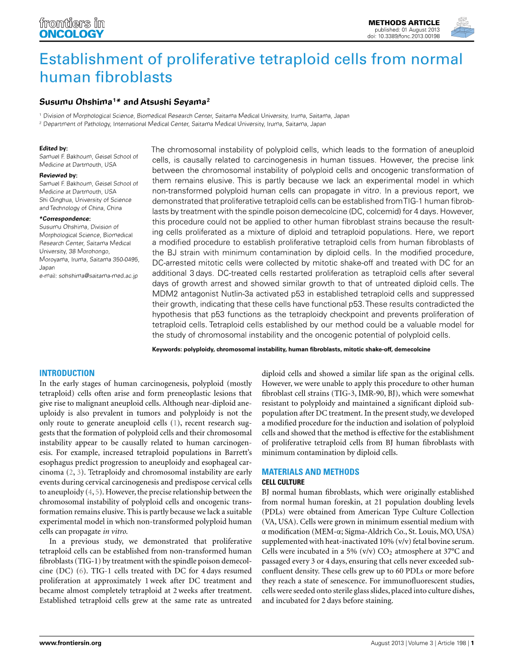 Establishment of Proliferative Tetraploid Cells from Normal Human ﬁbroblasts