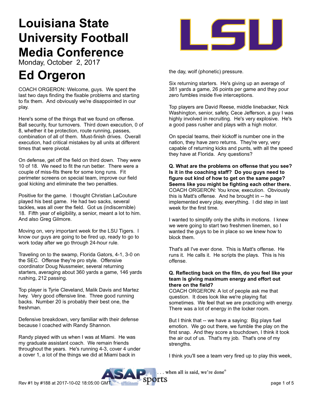 Louisiana State University Football Media Conference Ed Orgeron