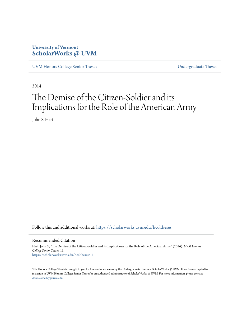 The Demise of the Citizen-Soldier and Its Implications for the Role of the American Army