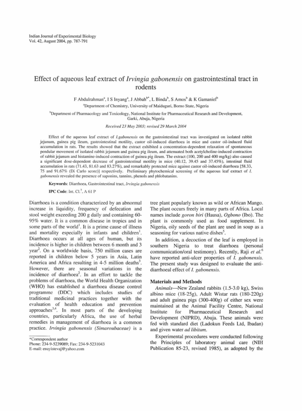 Effect of Aqueous Leaf Extract of Irvingia Gabonensis on Gastrointestinal Tract in Rodents