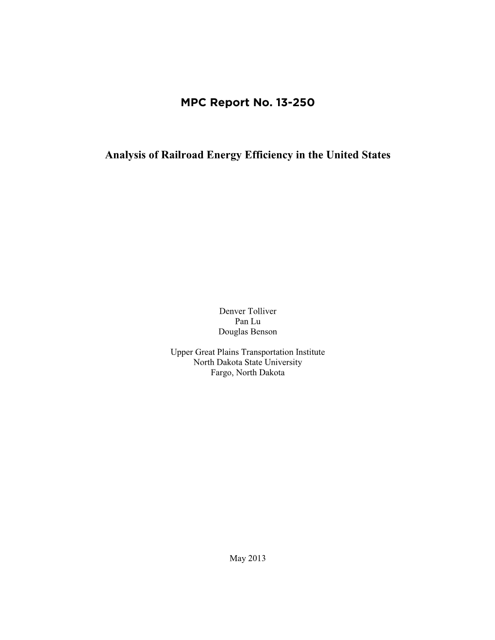 Analysis of Railroad Energy Efficiency in the United States (MPC-13-250)