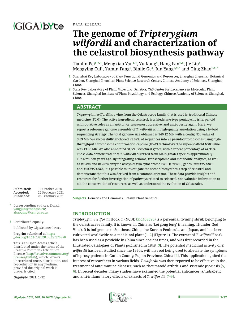 The Genome of Tripterygium Wilfordii and Characterization of the Celastrol Biosynthesis Pathway