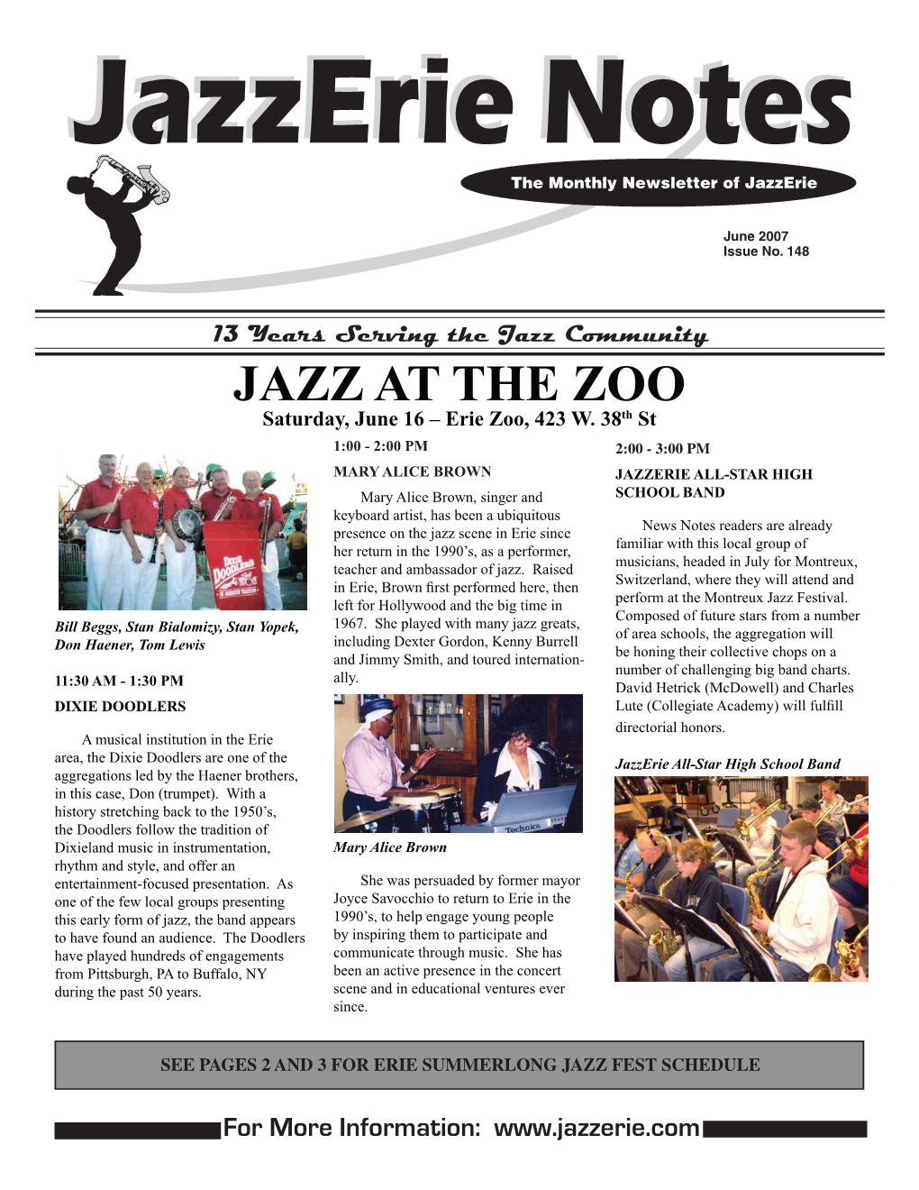 JAZZ at the ZOO Saturday, June 16 – Erie Zoo, 423 W