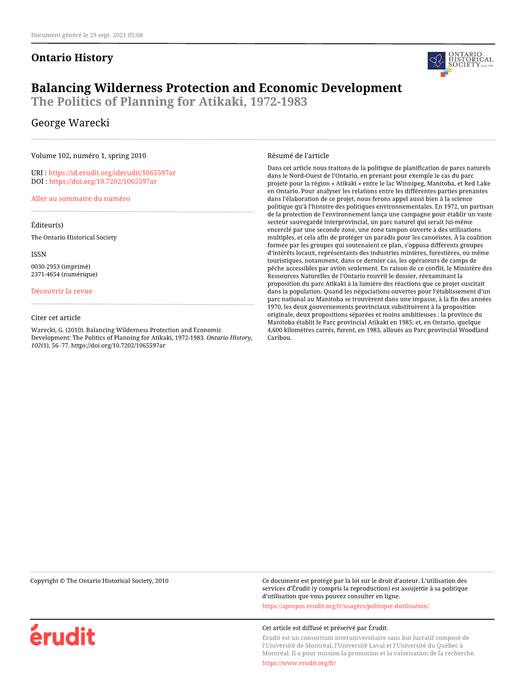 Balancing Wilderness Protection and Economic Development: the Politics of Planning for Atikaki, 1972-1983