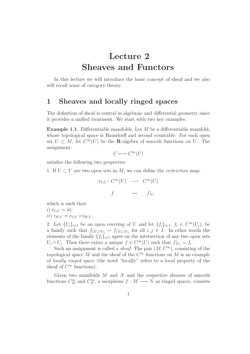 Lecture 2 Sheaves and Functors