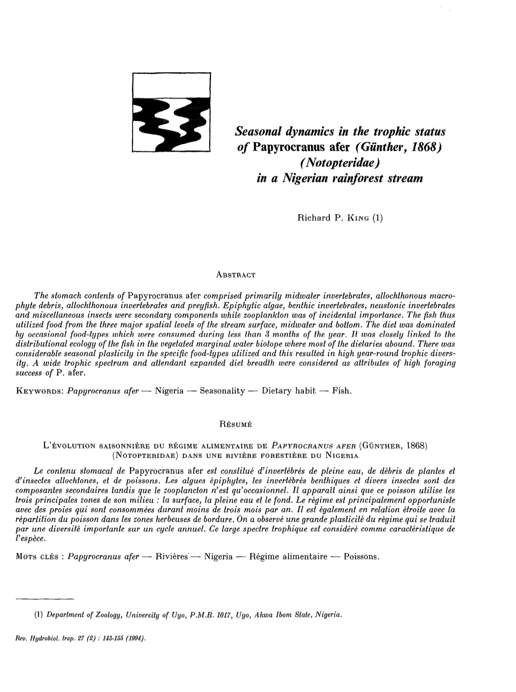 Seasonal Dynamics in the Trophic Status of Papyrocranus Afer (Günther, 1868) (Notopteridae) in a Nigerian Rainforest Stream