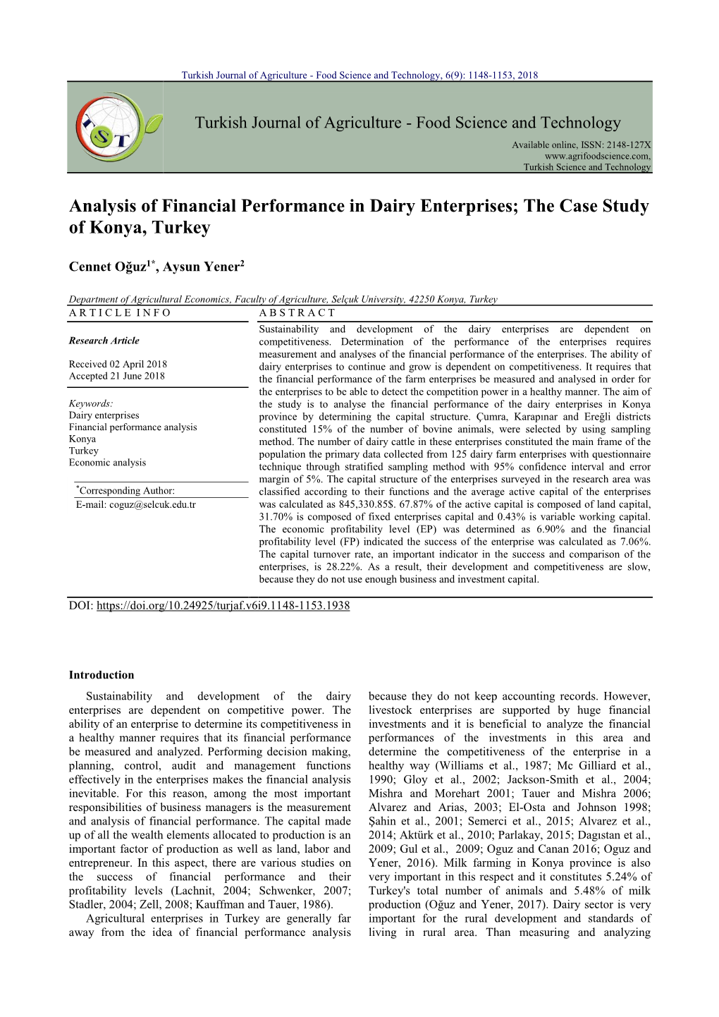 Analysis of Financial Performance in Dairy Enterprises; the Case Study of Konya, Turkey