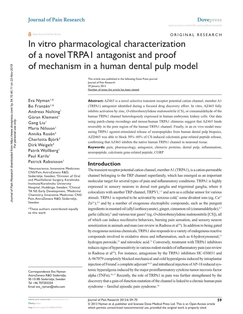 In Vitro Pharmacological Characterization of a Novel TRPA1 Antagonist and Proof of Mechanism in a Human Dental Pulp Model