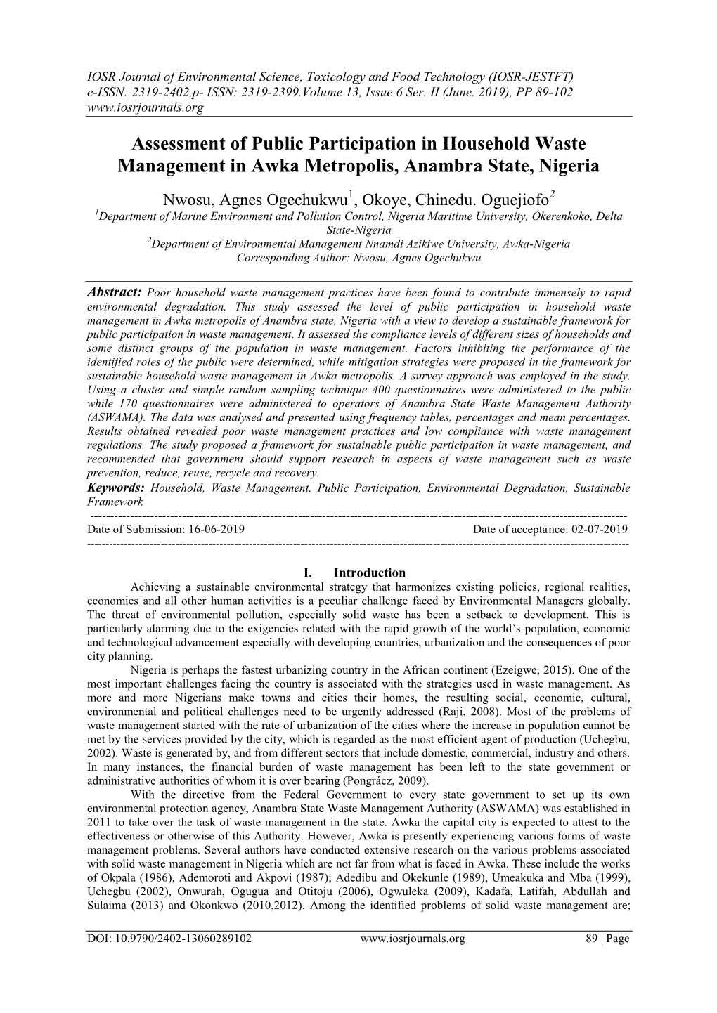 Assessment of Public Participation in Household Waste Management in Awka Metropolis, Anambra State, Nigeria