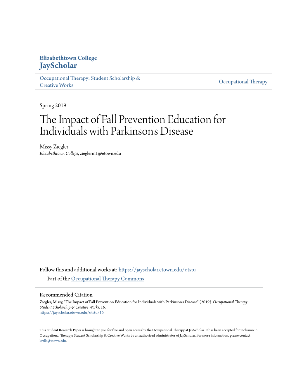 The Impact of Fall Prevention Education for Individuals with Parkinson’S Disease