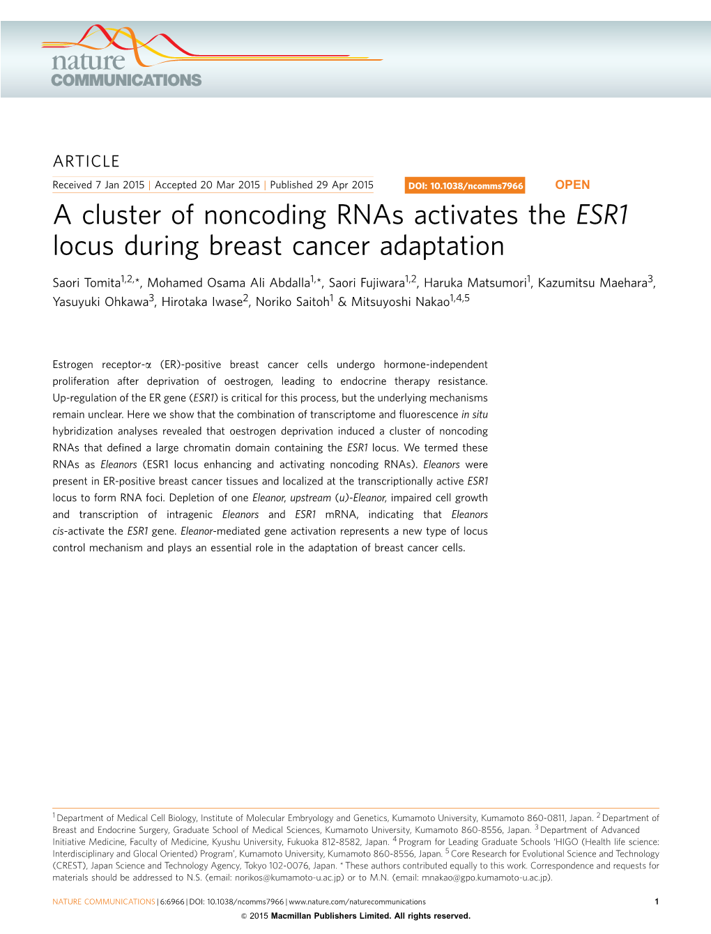 A Cluster of Noncoding Rnas Activates the ESR1 Locus During Breast Cancer Adaptation