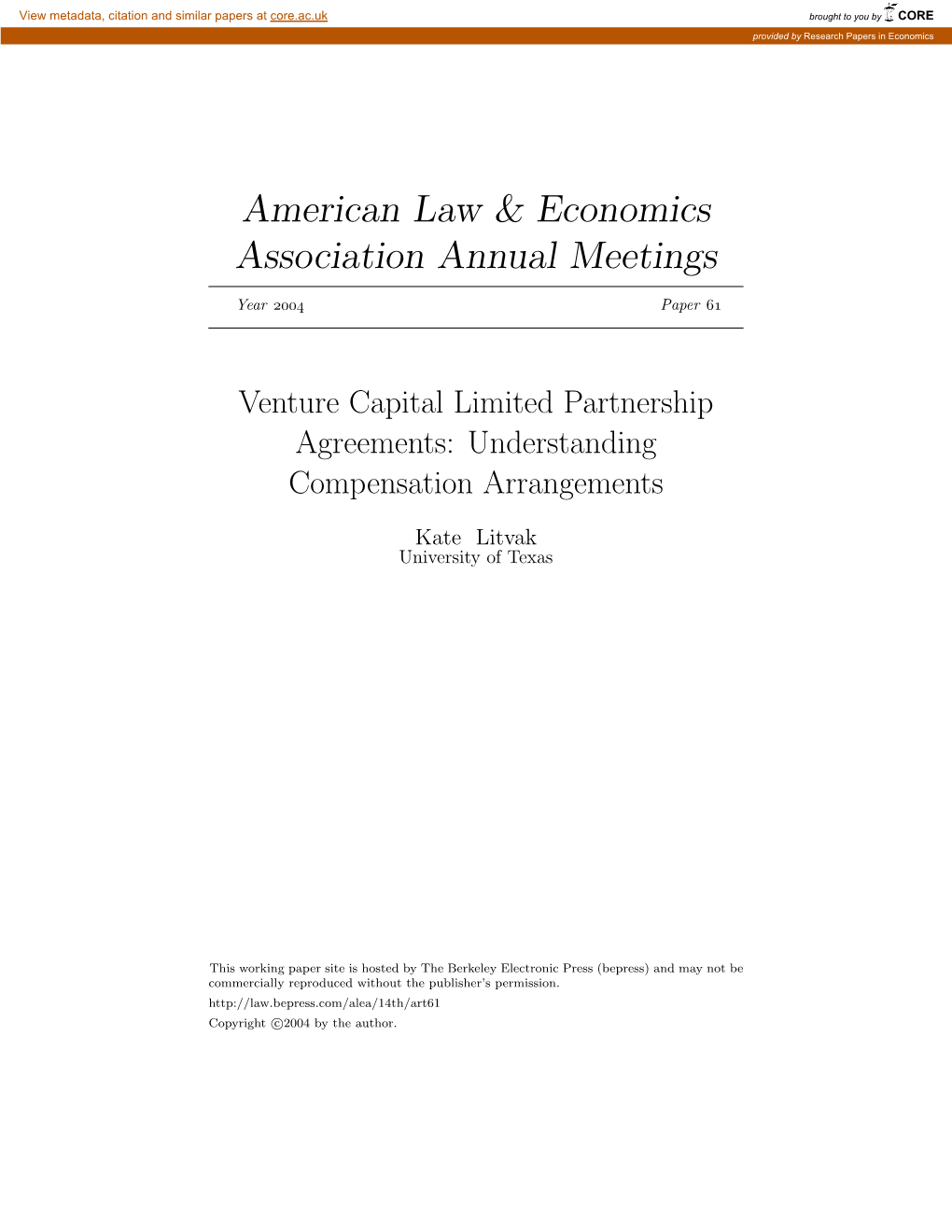 Venture Capital Limited Partnership Agreements: Understanding Compensation Arrangements