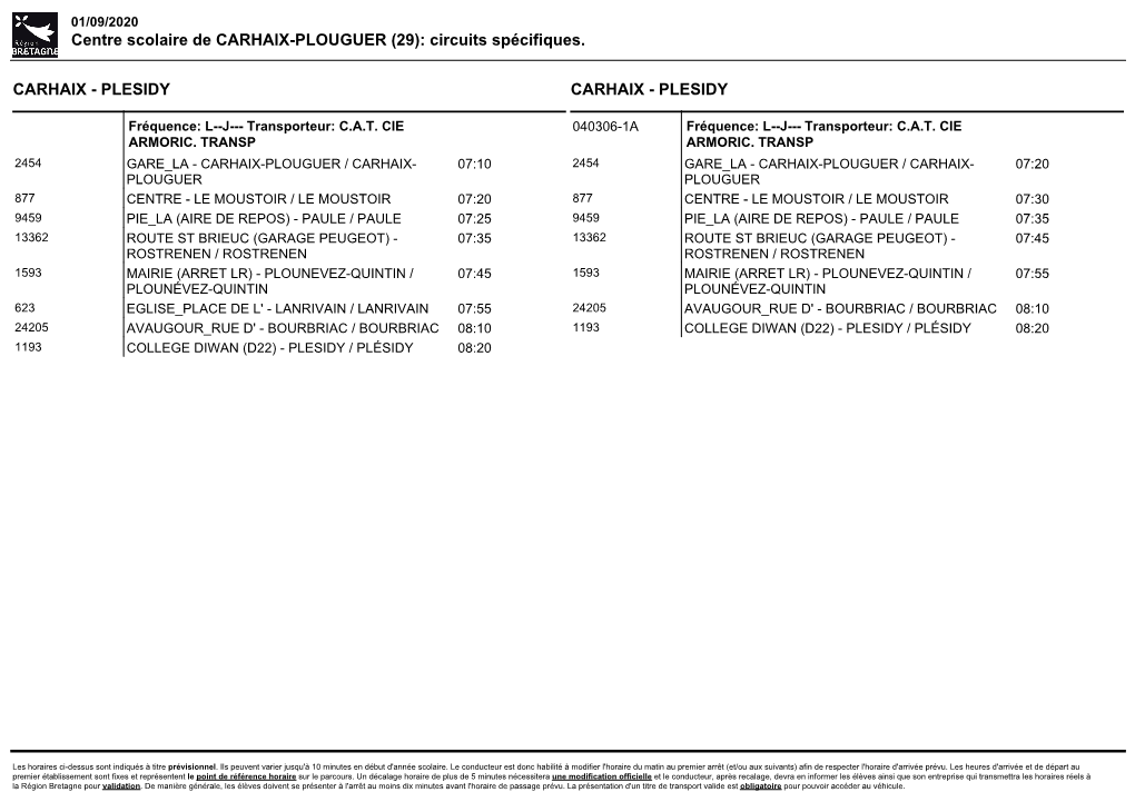 Centre Scolaire De CARHAIX-PLOUGUER (29): Circuits Spécifiques