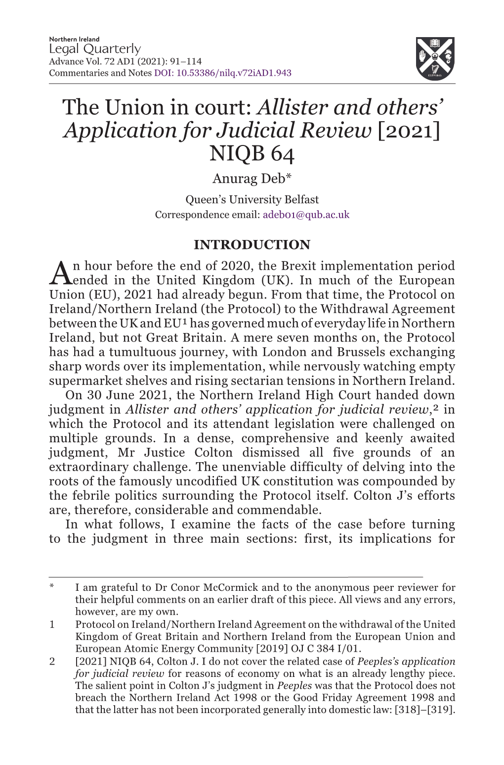 The Union in Court: Allister and Others' Application for Judicial Review