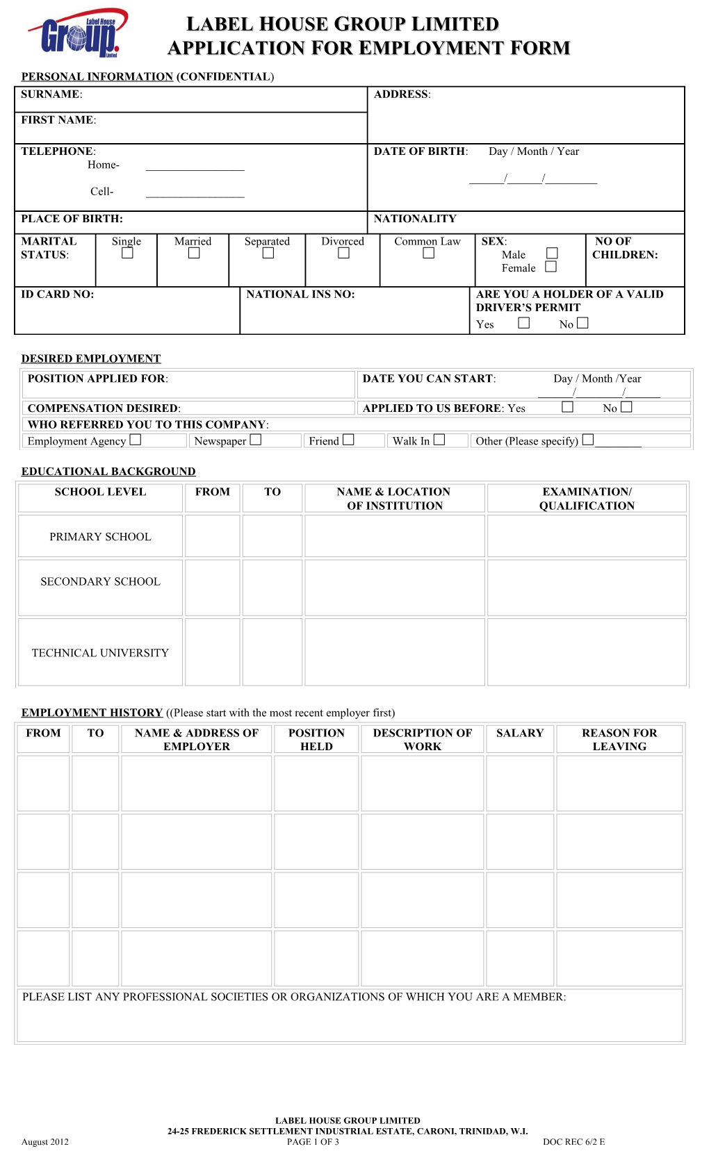 DR 6/2 E - Application for Employment I1