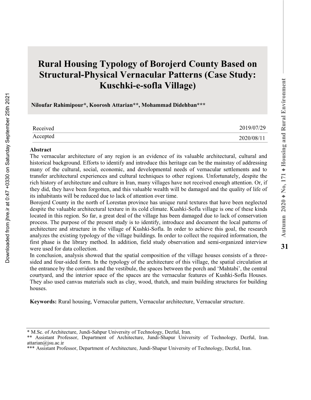 Rural Housing Typology of Boroujerd County Based on Structural