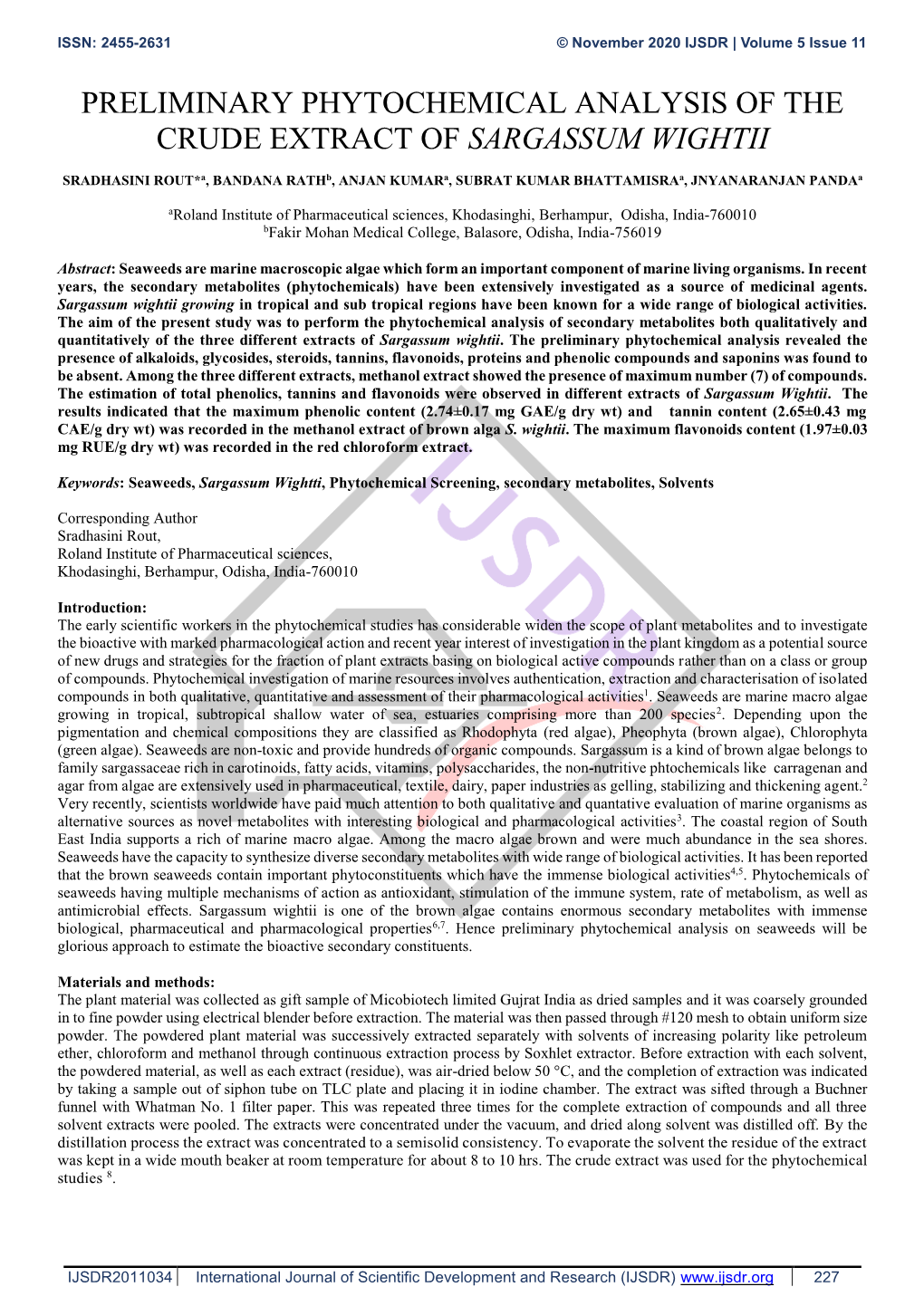 Preliminary Phytochemical Analysis of the Crude Extract of Sargassum Wightii