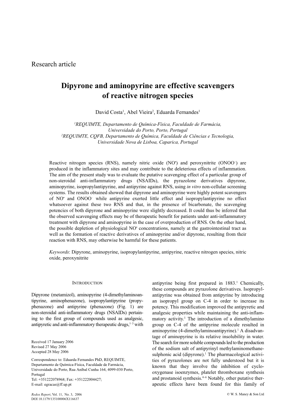 Dipyrone and Aminopyrine Are Effective Scavengers of Reactive Nitrogen Species