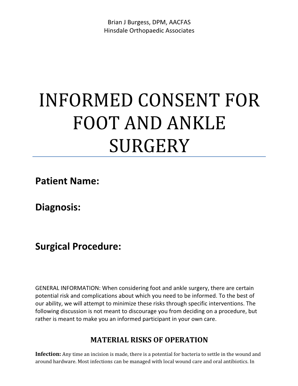 Informed Consent for Foot and Ankle Surgery