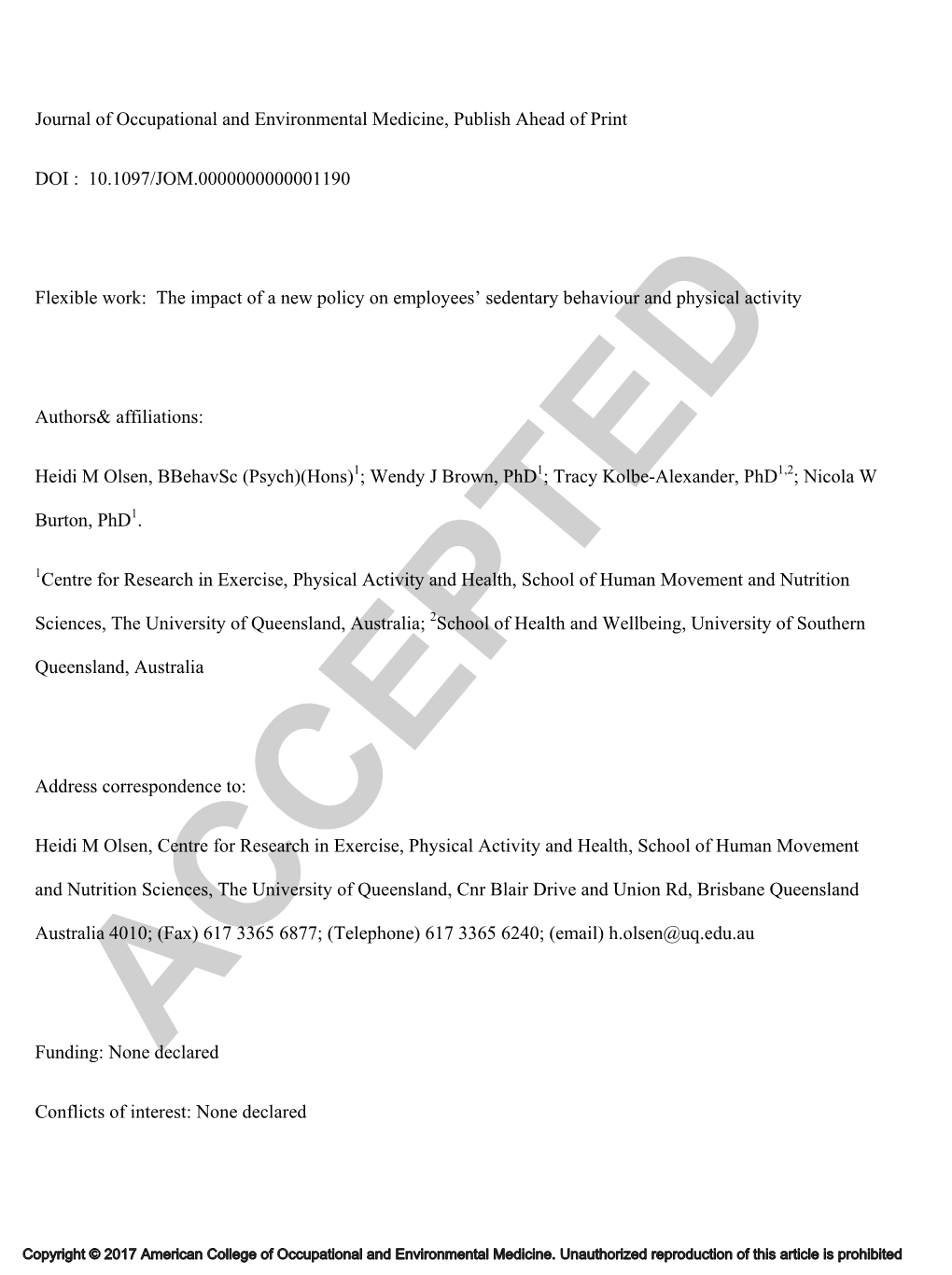 Journal of Occupational and Environmental Medicine, Publish Ahead of Print DOI : 10.1097/JOM.0000000000001190 Flexible Work: T