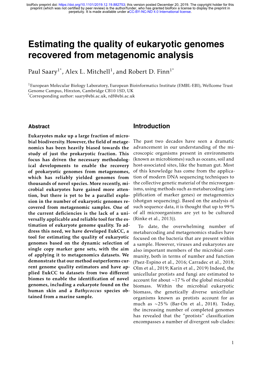 Estimating the Quality of Eukaryotic Genomes Recovered from Metagenomic Analysis