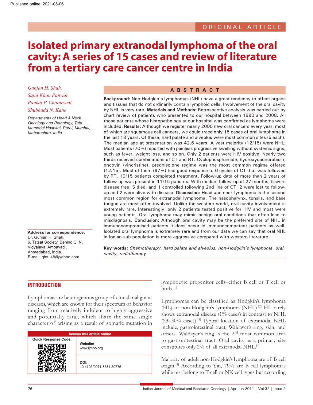 Isolated Primary Extranodal Lymphoma of the Oral Cavity: a Series of 15 Cases and Review of Literature from a Tertiary Care Cancer Centre in India