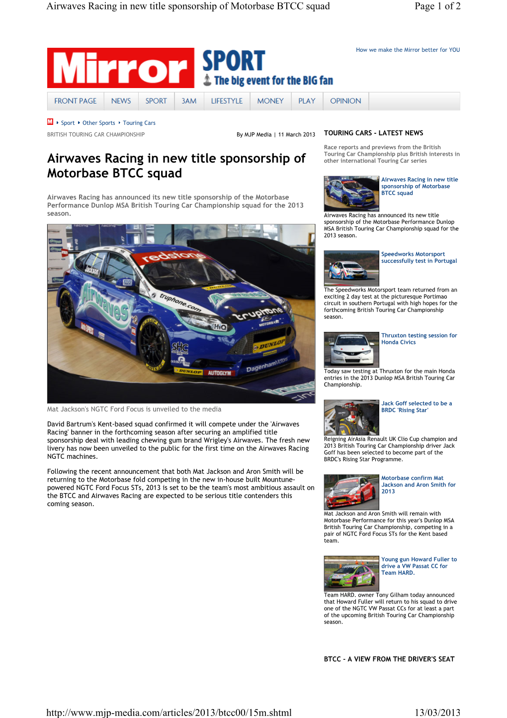 Airwaves Racing in New Title Sponsorship of Motorbase BTCC Squad Page 1 of 2