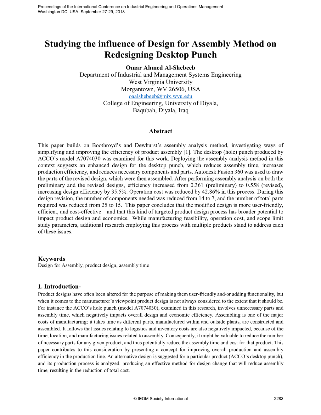 ID 147 Studying the Influence of Design for Assembly Method On