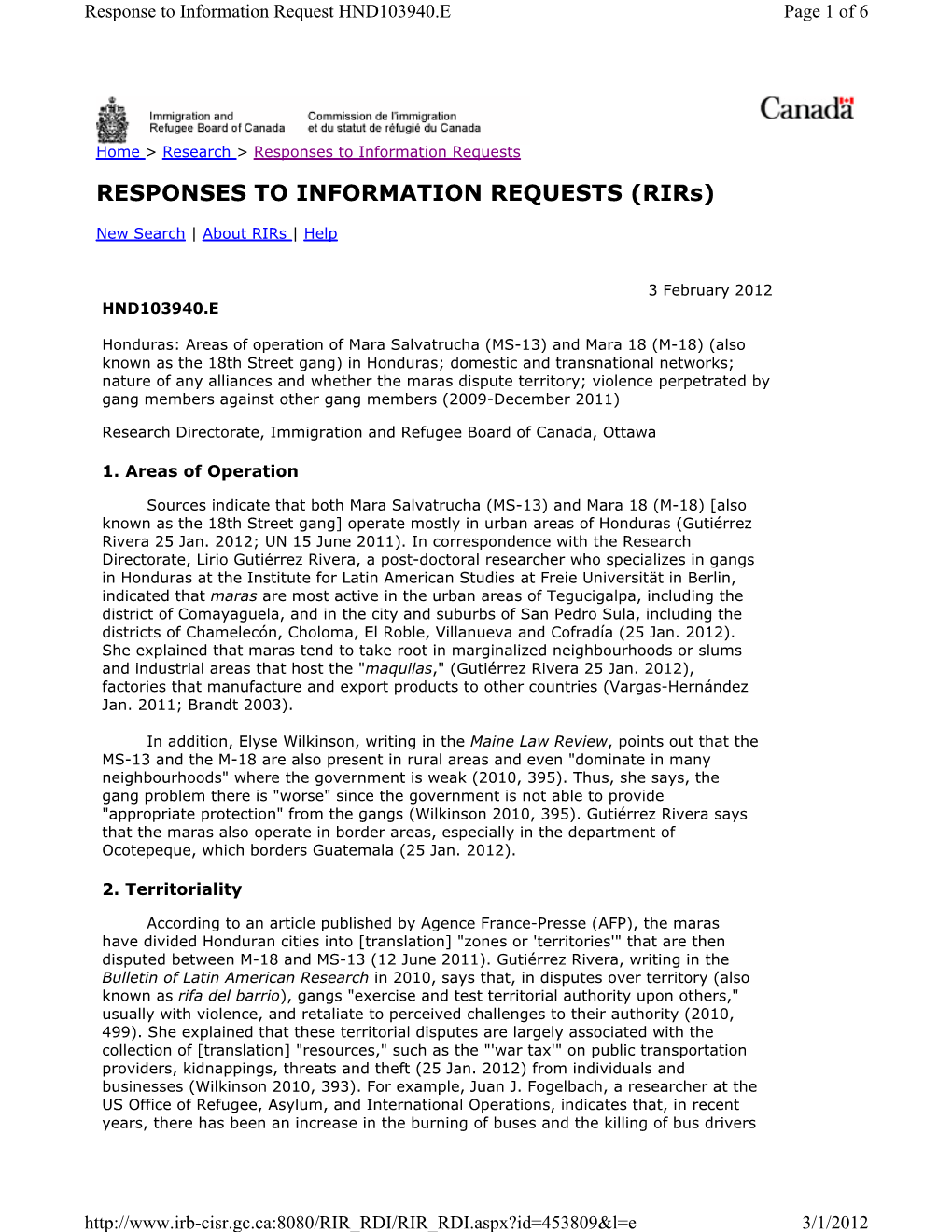 Honduras: Areas of Operation of Mara Salvatrucha (MS-13) and Mara 18