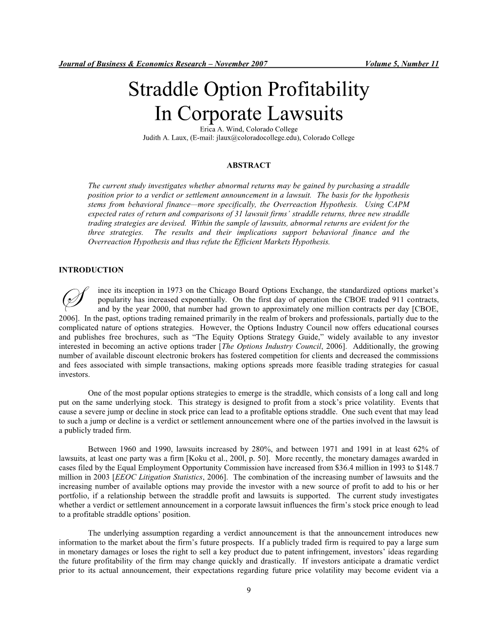 Straddle Option Profitability in Corporate Lawsuits Erica A