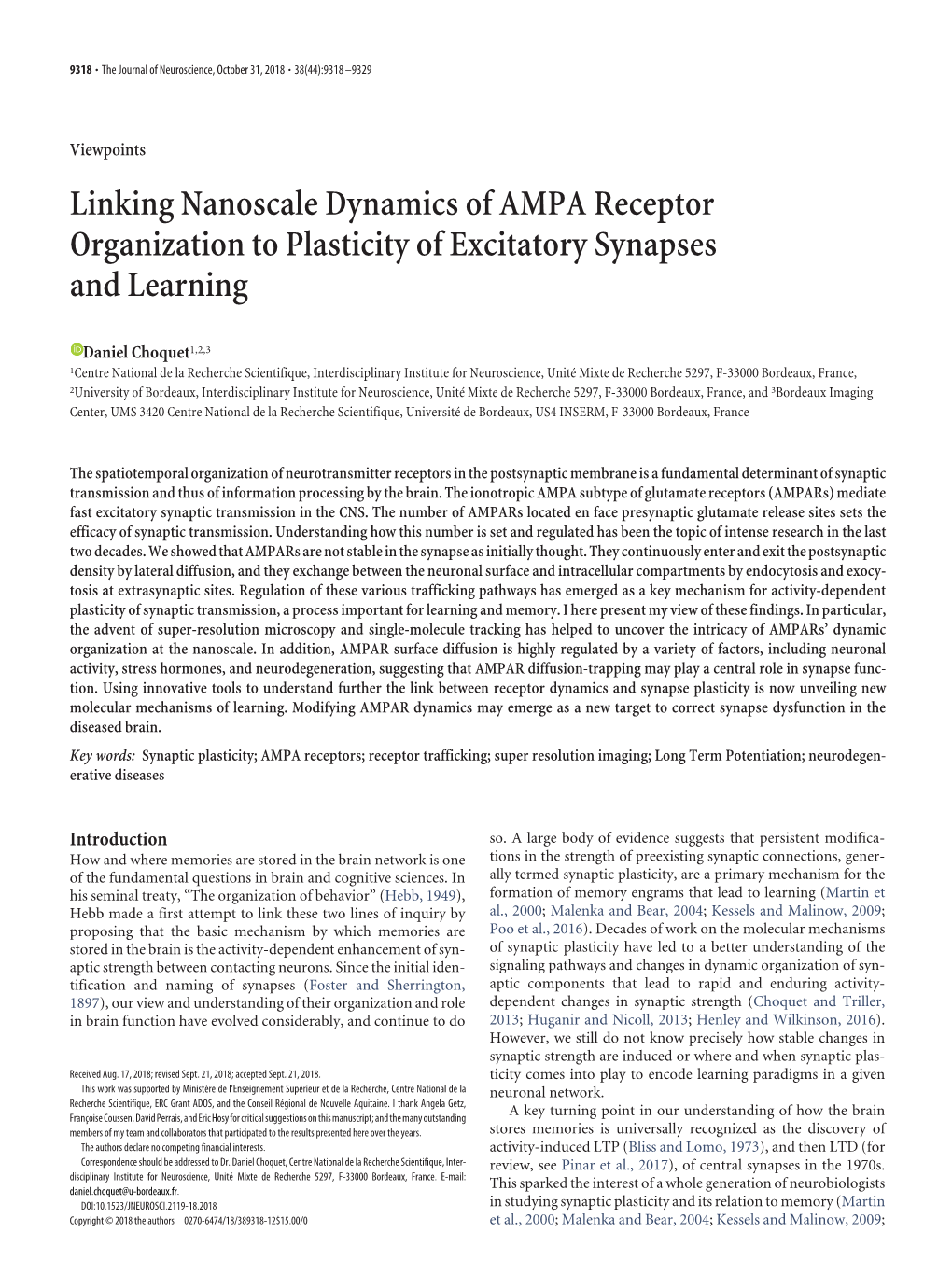 Linking Nanoscale Dynamics of AMPA Receptor Organization to Plasticity of Excitatory Synapses and Learning