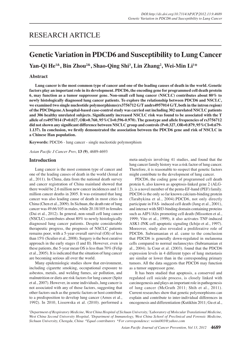 Genetic Variation in PDCD6 and Susceptibility to Lung Cancer