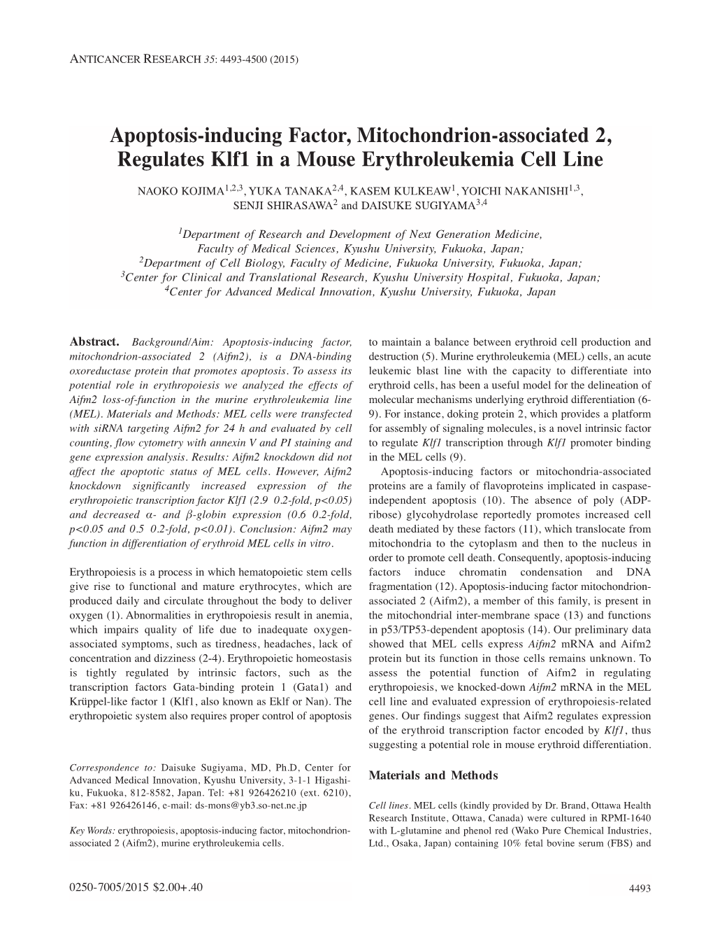 Apoptosis-Inducing Factor, Mitochondrion-Associated 2, Regulates Klf1 in a Mouse Erythroleukemia Cell Line