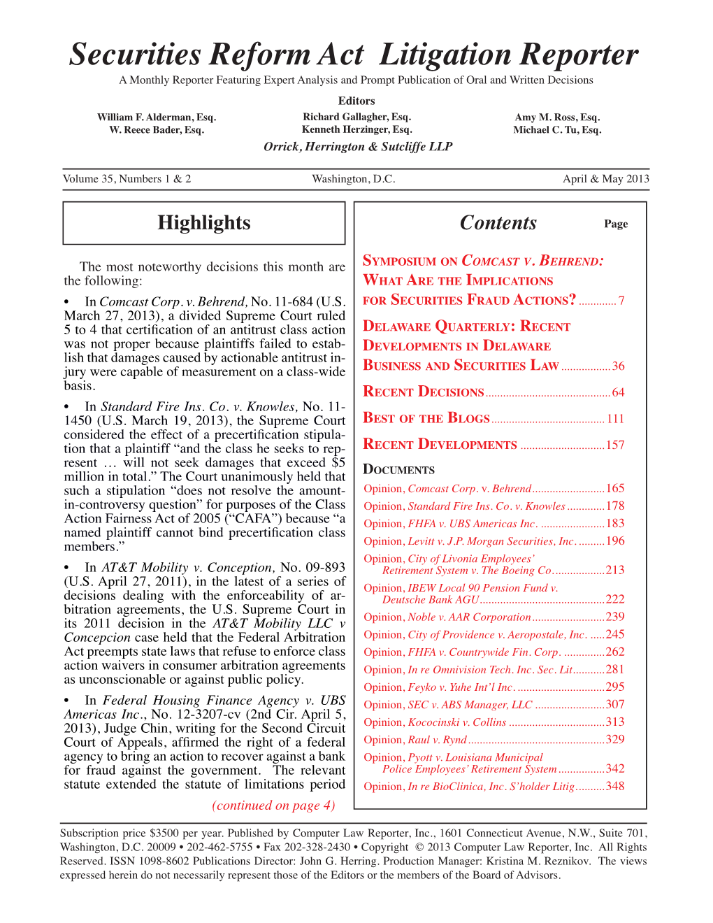 Securities Reform Act Litigation Reporter a Monthly Reporter Featuring Expert Analysis and Prompt Publication of Oral and Written Decisions Editors William F