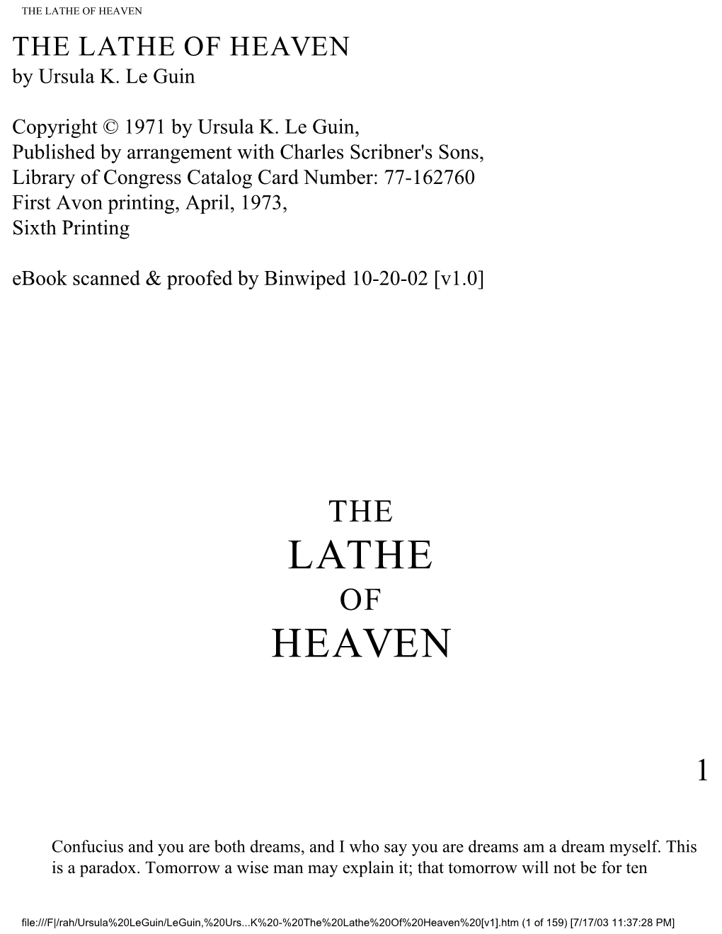 Ursula K. Le Guin – the Lathe of Heaven