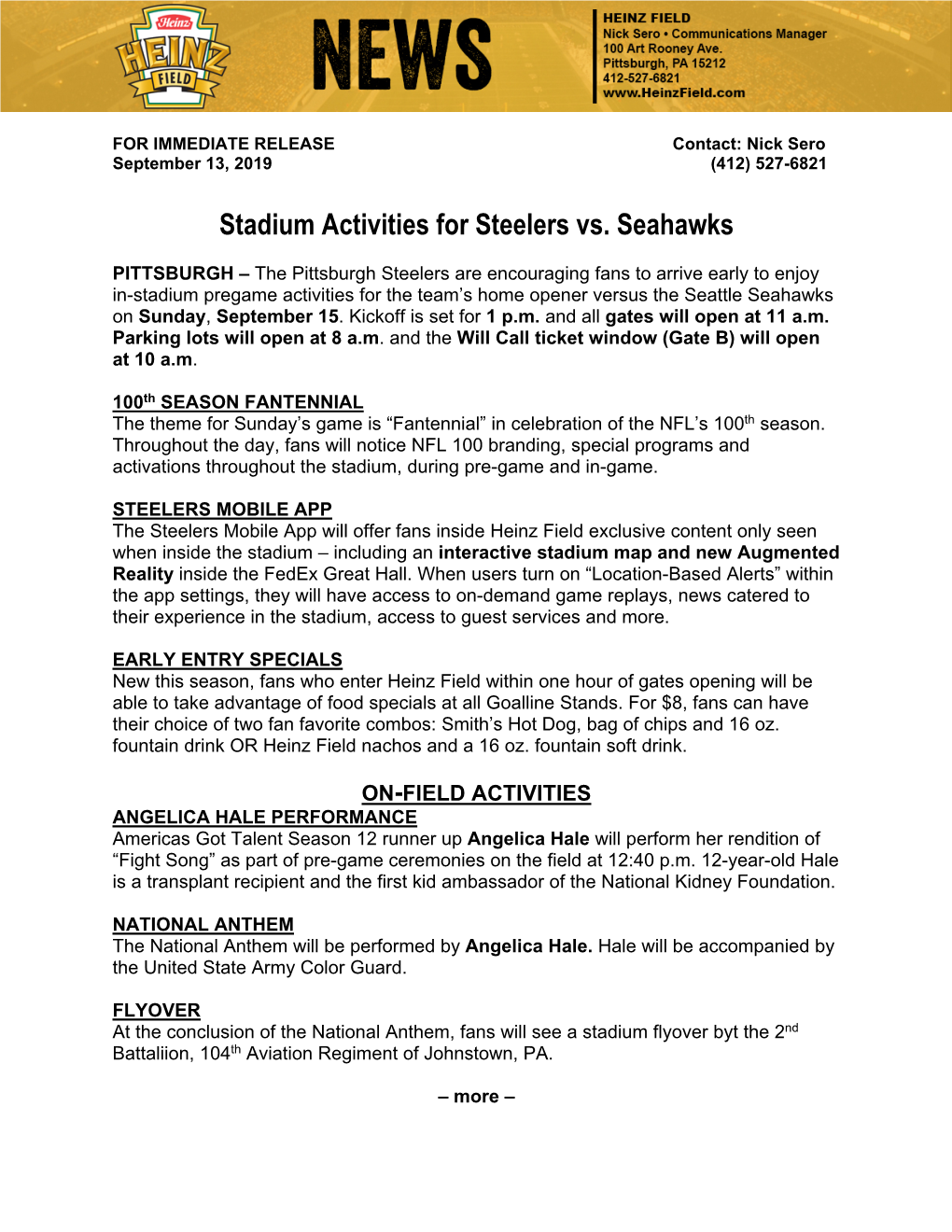 Stadium Activities for Steelers Vs. Seahawks