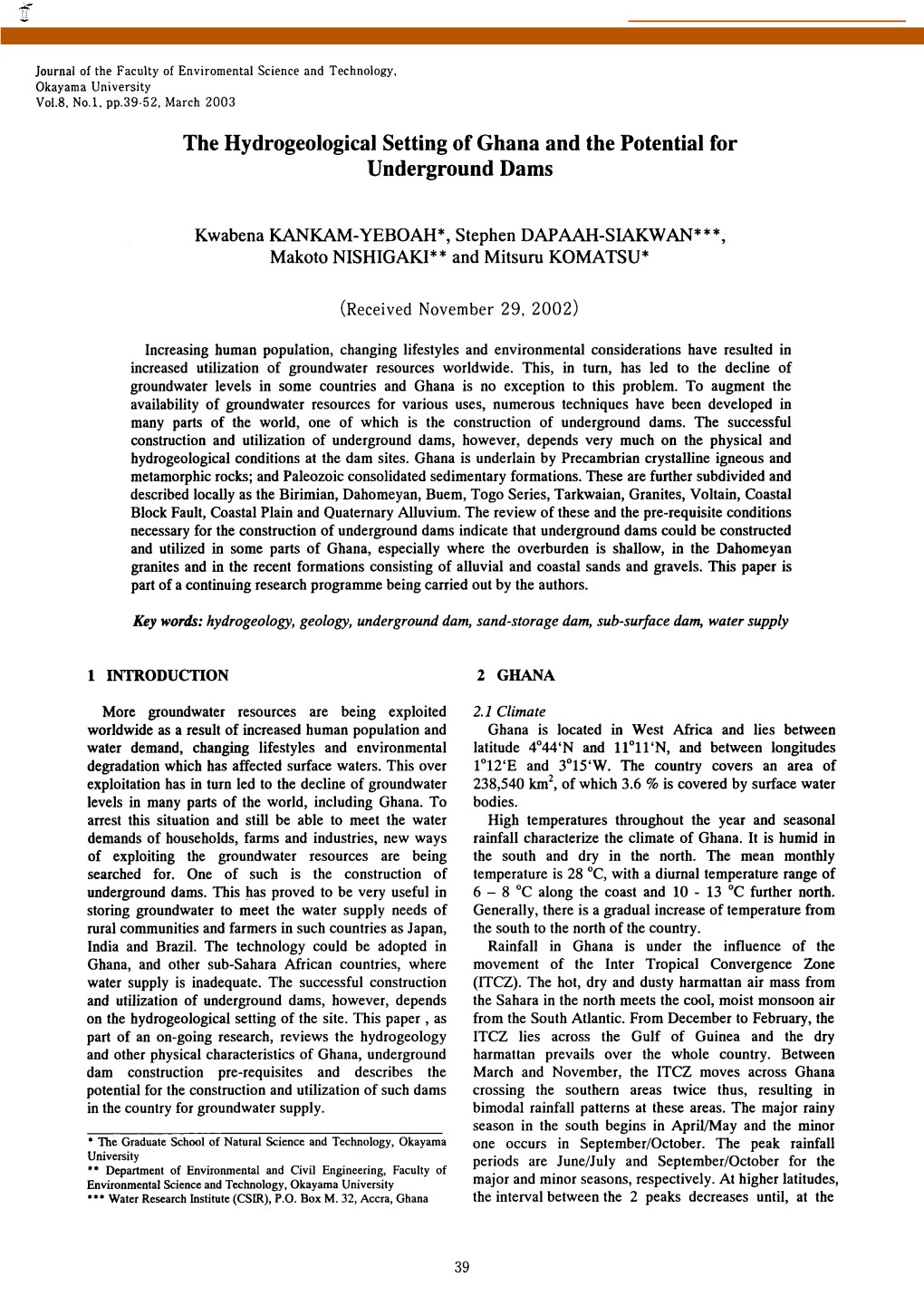 The Hydrogeological Setting of Ghana and the Potential for Underground Dams