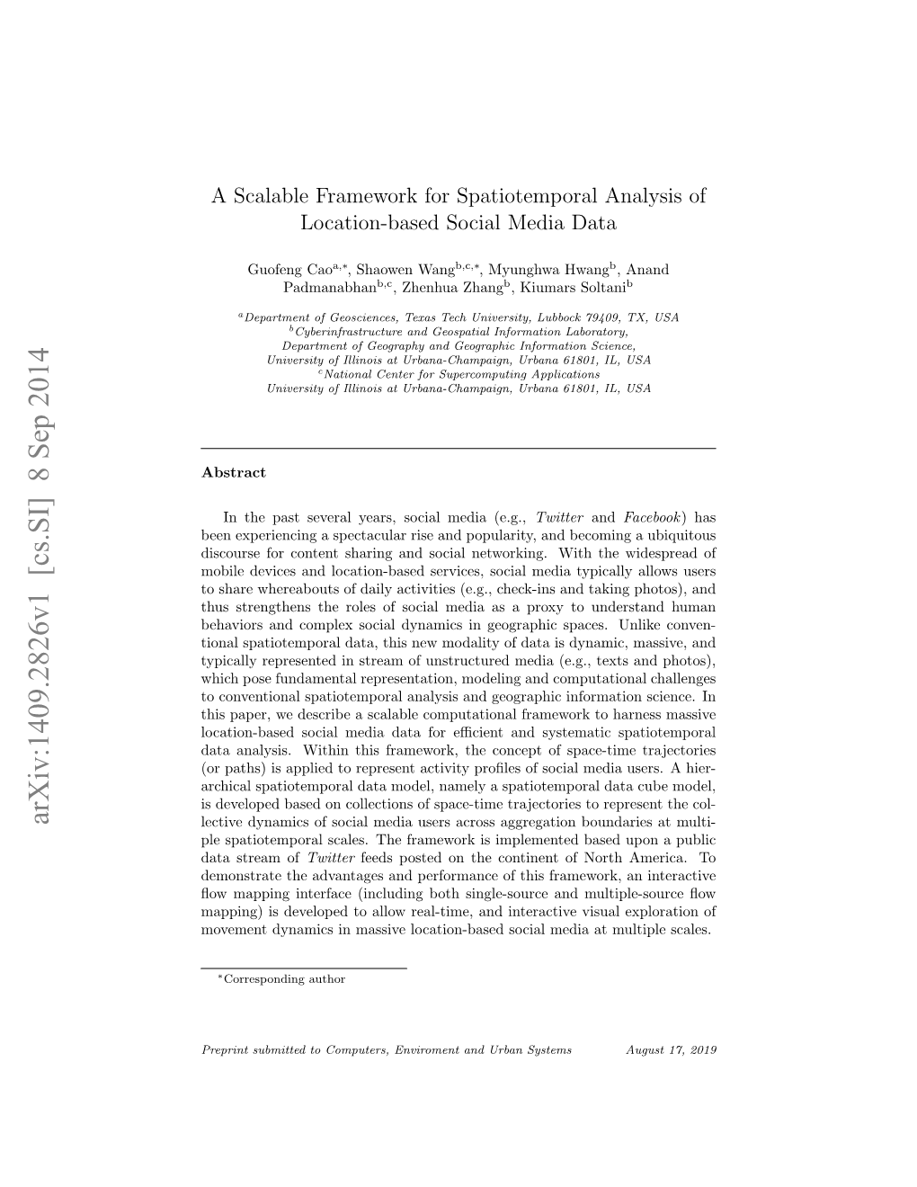 Arxiv:1409.2826V1 [Cs.SI] 8 Sep 2014 Lective Dynamics of Social Media Users Across Aggregation Boundaries at Multi- Ple Spatiotemporal Scales