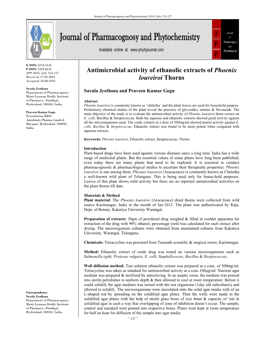 Antimicrobial Activity of Ethanolic Extracts of Phoenix Loureiroi Thorns