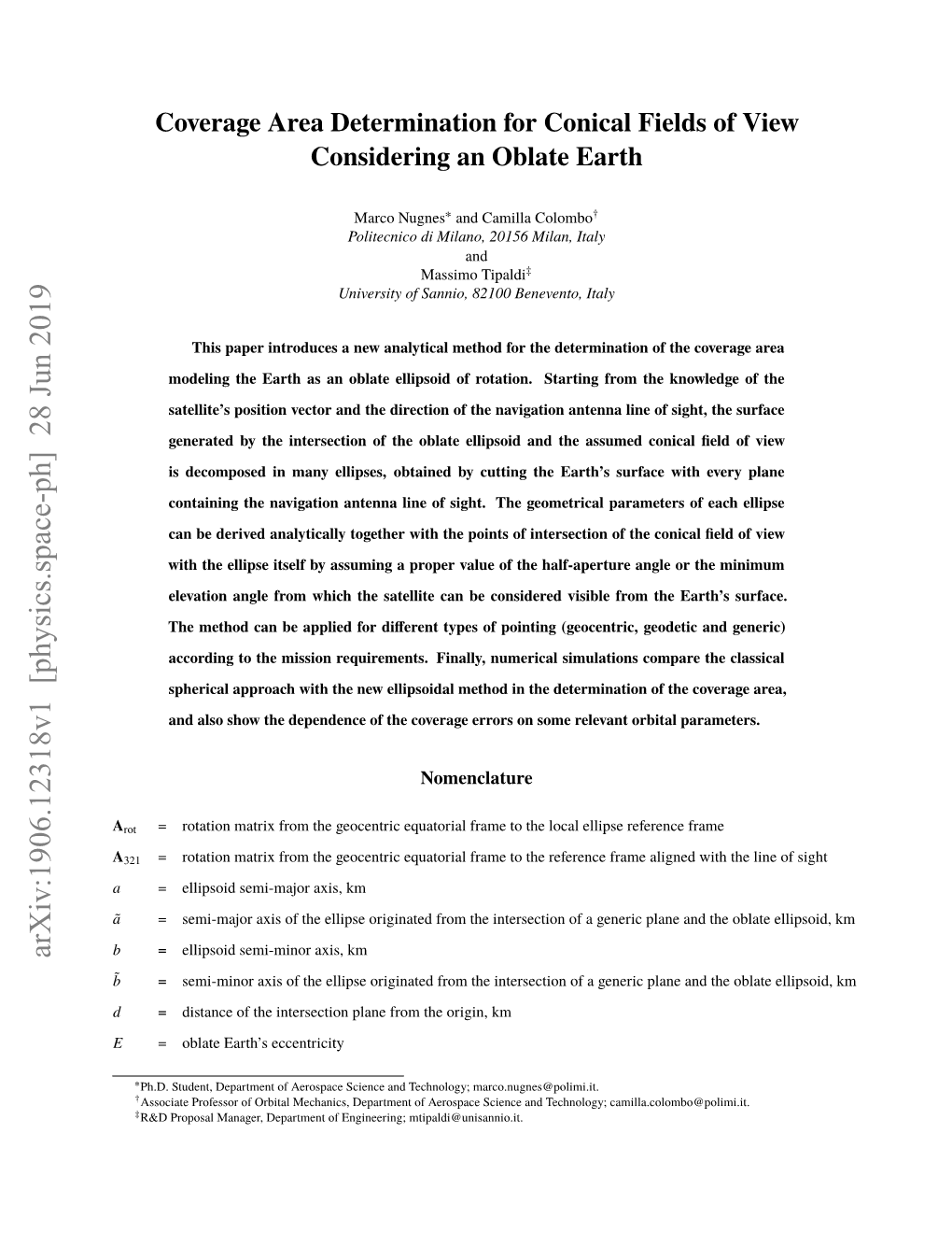 Coverage Area Determination for Conical Fields of View Considering an Oblate Earth