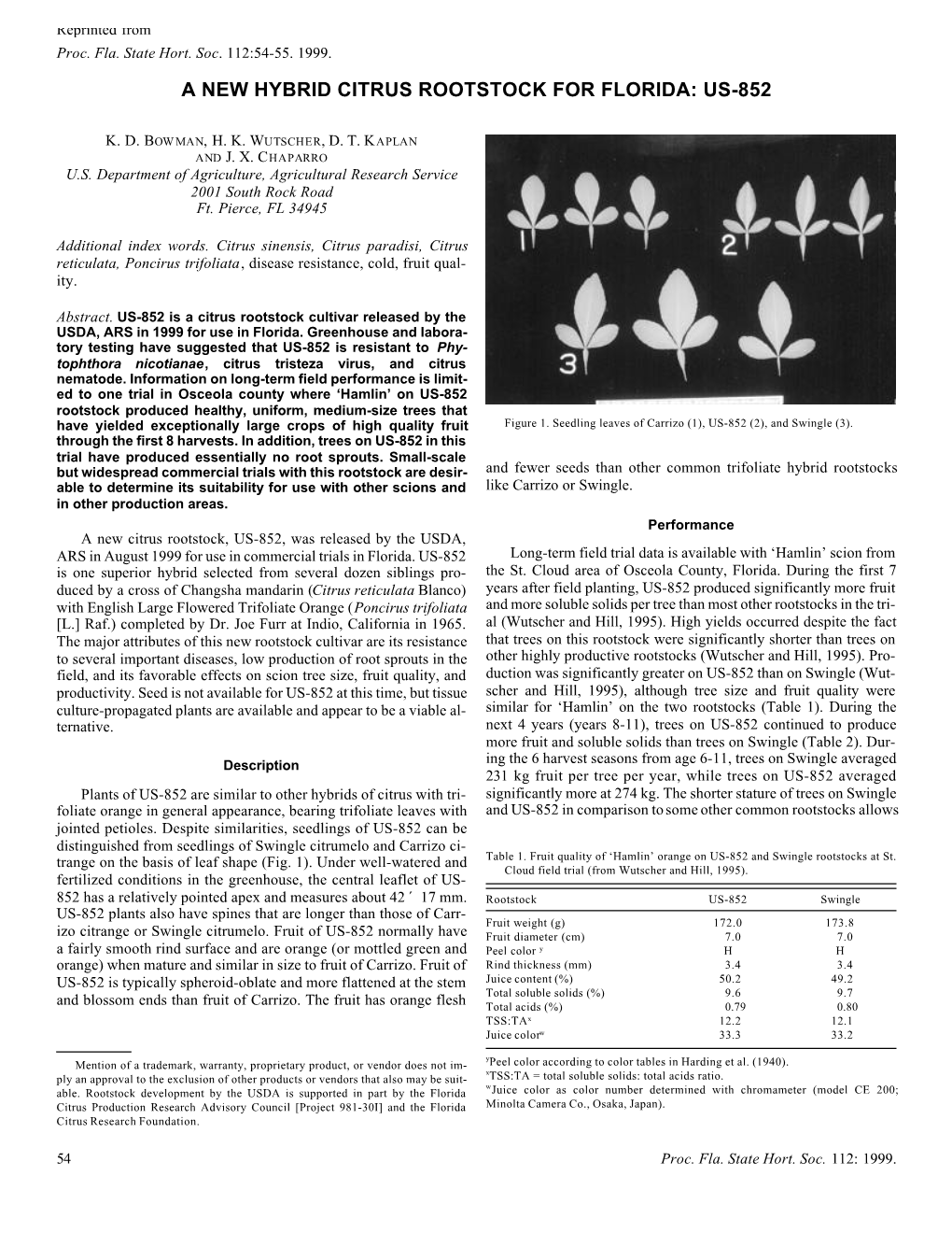 A New Hybrid Citrus Rootstock for Florida: Us-852