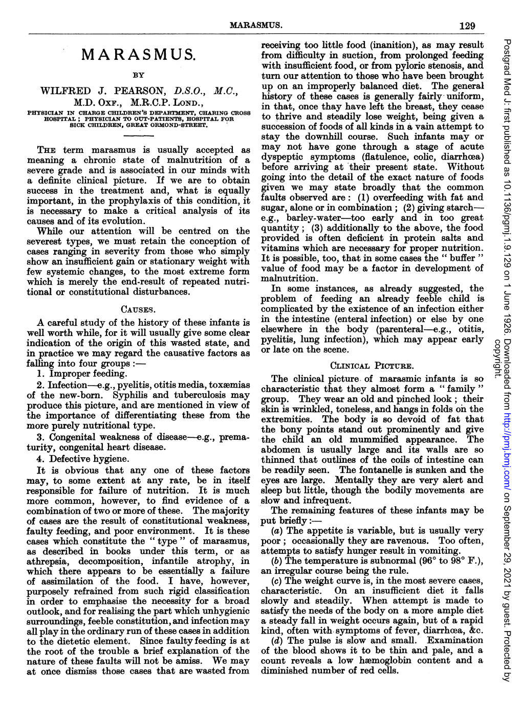 MARASMUS. 129 Receiving Too Little Food (Inanition), As May Result Postgrad Med J: First Published As 10.1136/Pgmj.1.9.129 on 1 June 1926