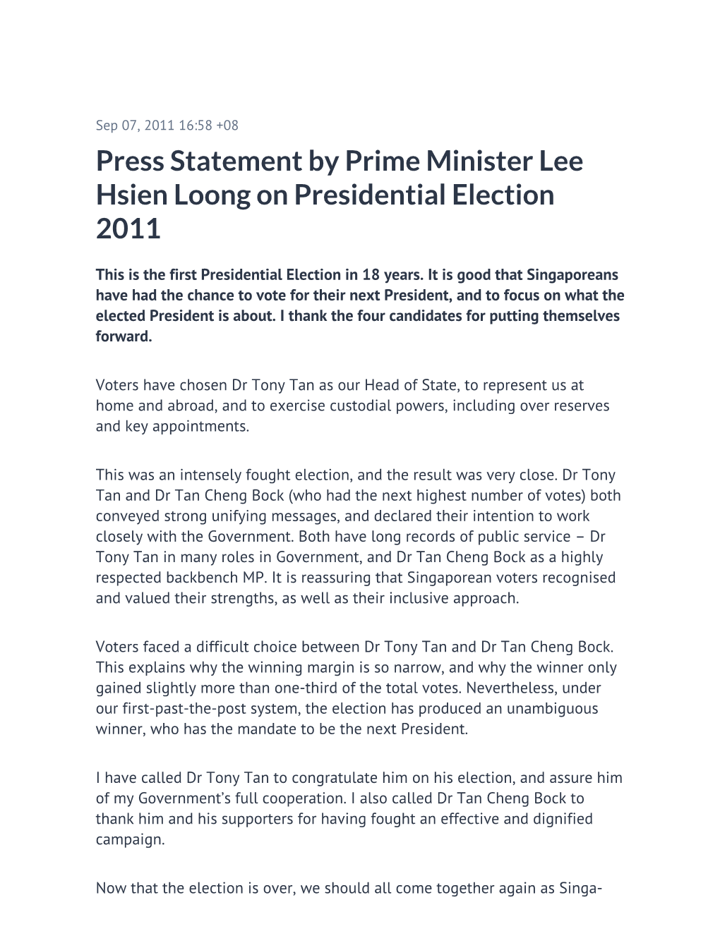 Press Statement by Prime Minister Lee Hsien Loong on Presidential Election 2011