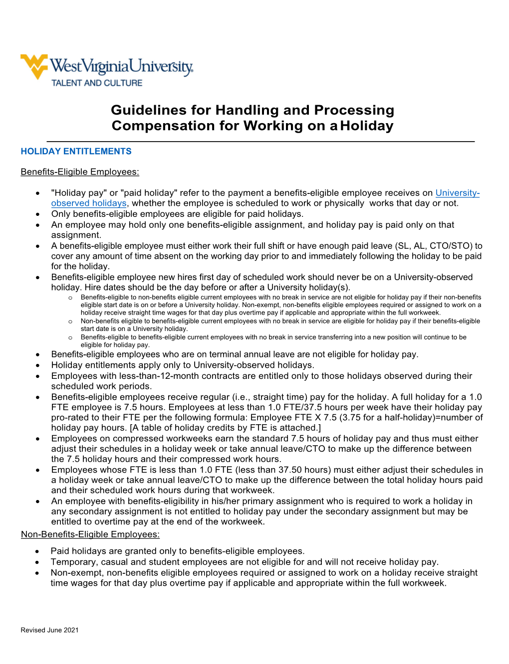 Guidelines for Handling and Processing Compensation for Working on a Holiday